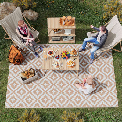 Outsunny Reversible Outdoor RV Rug, Patio Floor Mat, 274 x 182 cm Plastic Straw Rug for Garden, terrace, Beach, Camping, Coffee & White 