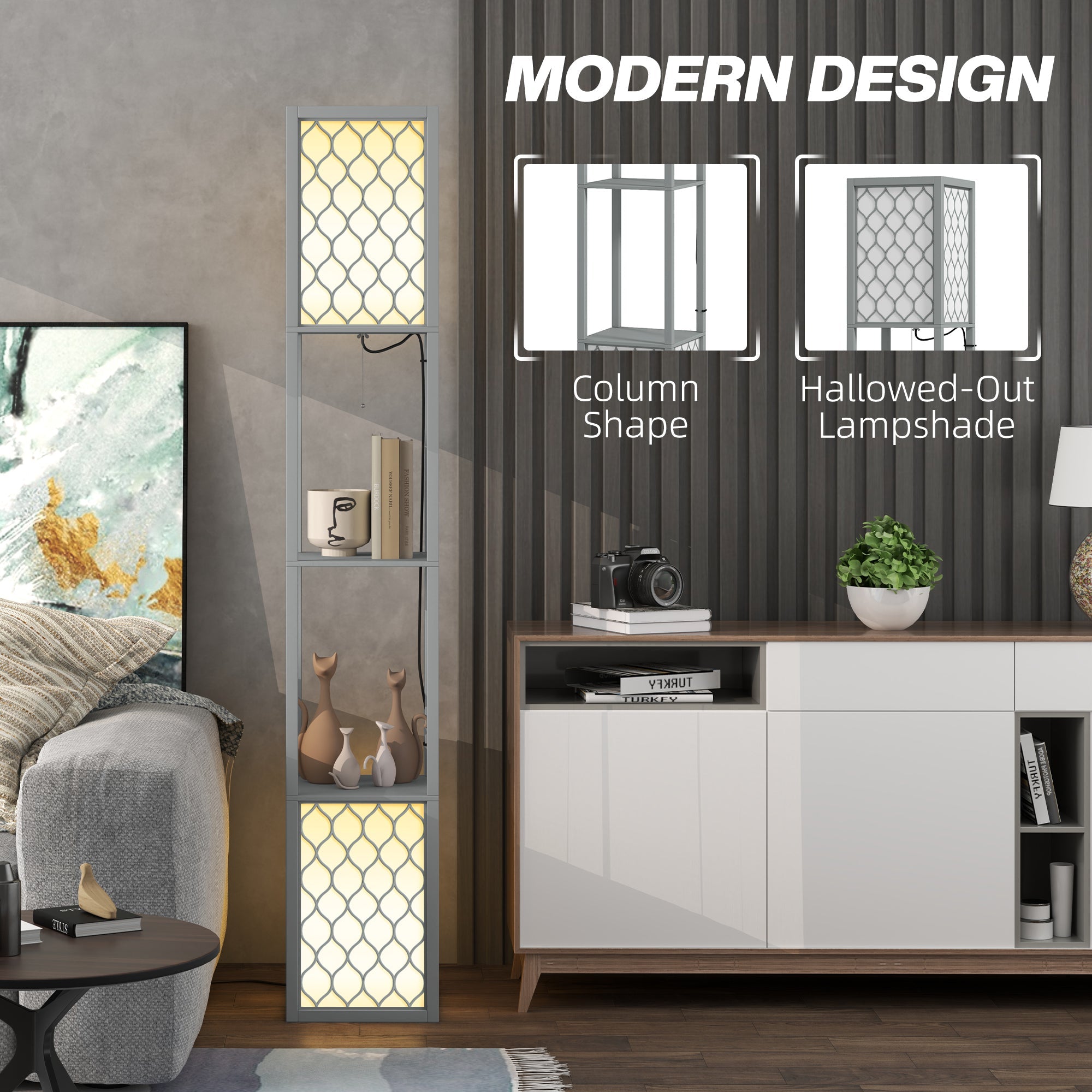 HOMCOM Floor Lamp with Shelves, Dual Light, Modern Tall Standing Lamps, with Pull Chain Switch (Bulb not Included), Light Grey 