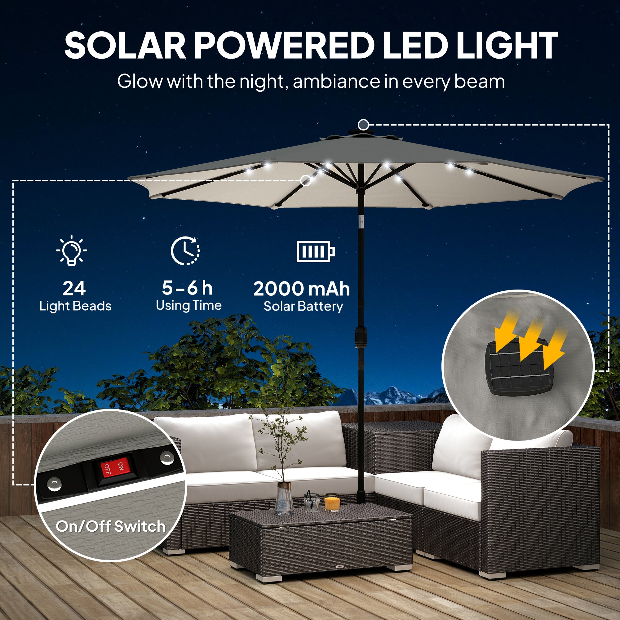 Outsunny 2.6 m Garden Parasol Umbrella with LED Solar Light, Parasol Cover, Outdoor Market Patio Umbrella, Light Grey 