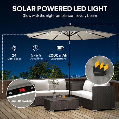 Outsunny 2.6 m Garden Parasol Umbrella with LED Solar Light, Parasol Cover, Outdoor Market Patio Umbrella, Light Grey 