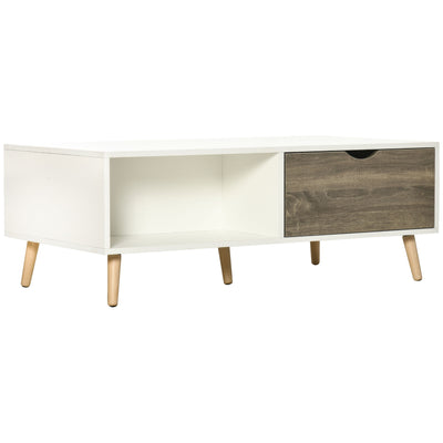 HOMCOM Coffee Table, Modern Tea Table with Open Storage Shelves, Two Drawers and Solid Wood Legs, Coffee Tables for Living Room, Bed Room, White 