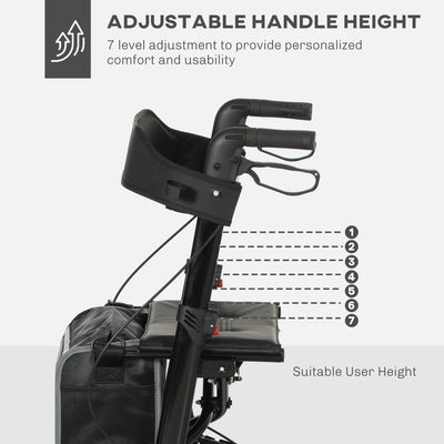 HOMCOM Folding Rollator Walker with Padded Seat, Backrest, Lightweight Walking Frame with Storage Bag, Dual Brakes, All-terrain Wheels, Adjustable Handle Height, 4 Wheeled Walker for Seniors, Black 