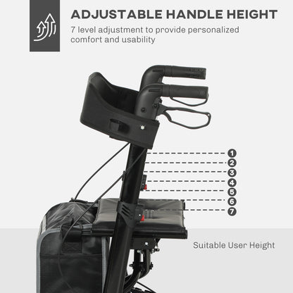 HOMCOM Folding Rollator Walker with Padded Seat, Backrest, Lightweight Walking Frame with Storage Bag, Dual Brakes, All-terrain Wheels, Adjustable Handle Height, 4 Wheeled Walker for Seniors, Black 