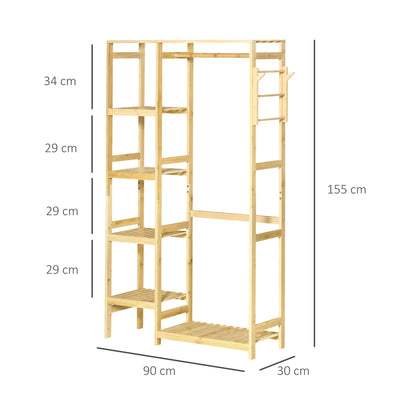 HOMCOM Bamboo Garment Rack, Clothes Rack with Storage Shelf, Hanging Rail and Side Hooks for Entryway, Bedroom, Bathroom and Office, Natural 