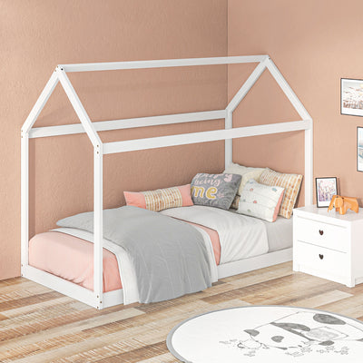 HOMCOM Single Bed Frame, House Scandinavian Style Wooden Bed Frame for 90W x 190Dcm Mattress, Pine Wood Bed Base, White 