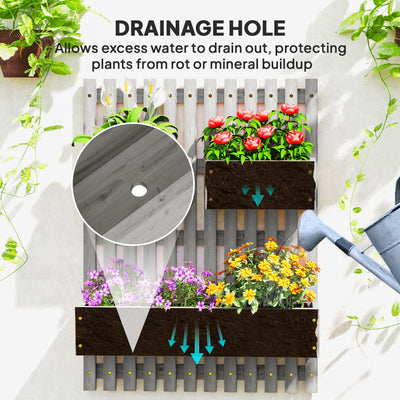 Outsunny Wall-mounted Wooden Garden Planters with Trellis, Drainage Holes and 3 Planter Boxes for Patio, Grey 