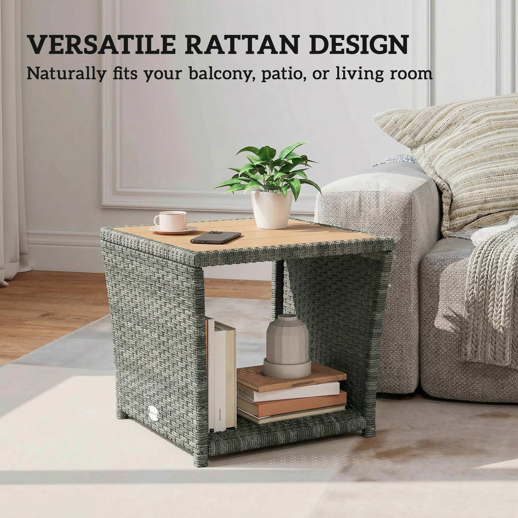 Outsunny Side Table 2-Tier Outdoor Coffee Table with Storage Shelf PS Wood Slat Top/Light Grey 