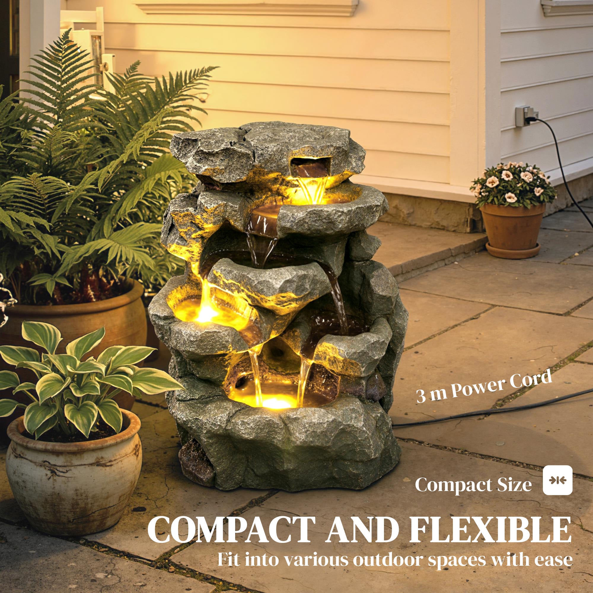 Outsunny Outdoor Fountain with 6-Tier Rock Design, Waterfall Feature with LED Lights, Resin Freestanding Garden Fountain, Grey 
