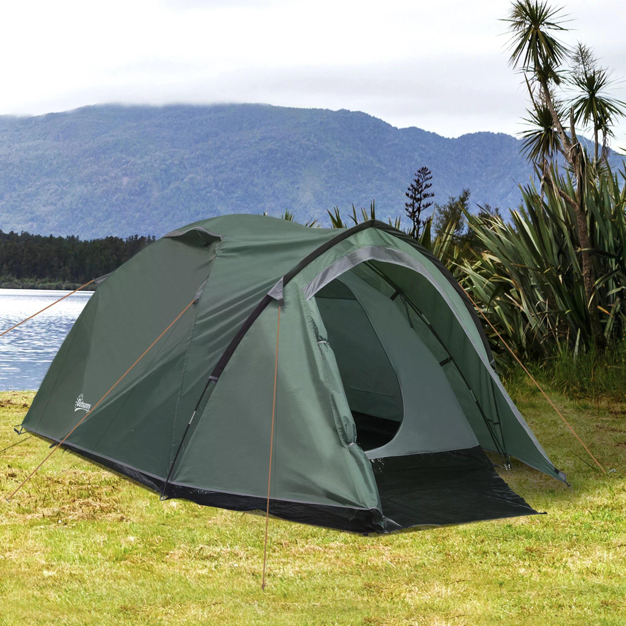 Outsunny Dome Tent for 3-4 Person Family Tent with Large Windows Waterproof Green 