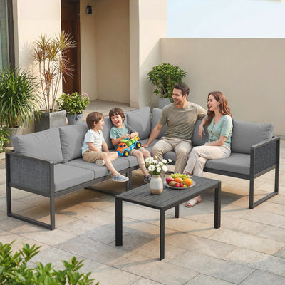 Outsunny 6 Seater Metal Garden Furniture Corner Sofa Set with 3 Loveseats, Faux Wood Table, Texteline Seat, Cushions, Dark Grey 
