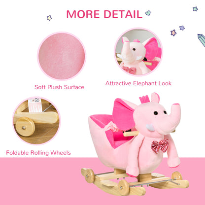 HOMCOM 2 In 1 Plush Baby Ride on Rocking Horse Elephant Rocker with Wheels Wooden Toy for Kids 32 Songs for 18+ Months (Pink) 
