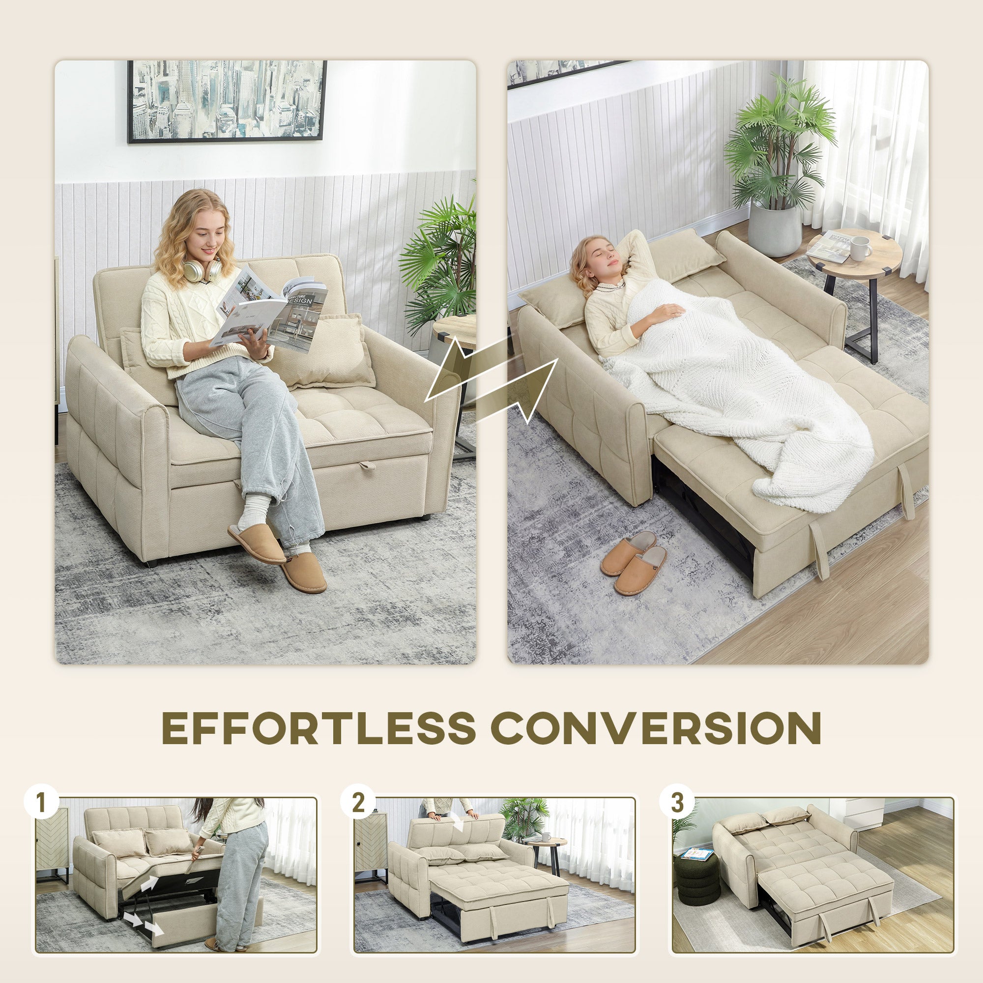 HOMCOM 2 Seater Sofa Bed, 3-in-1 Convertible Sleeper Sofa with Click-clack Adjustable Backrest and 2 Pillows, Light Brown 