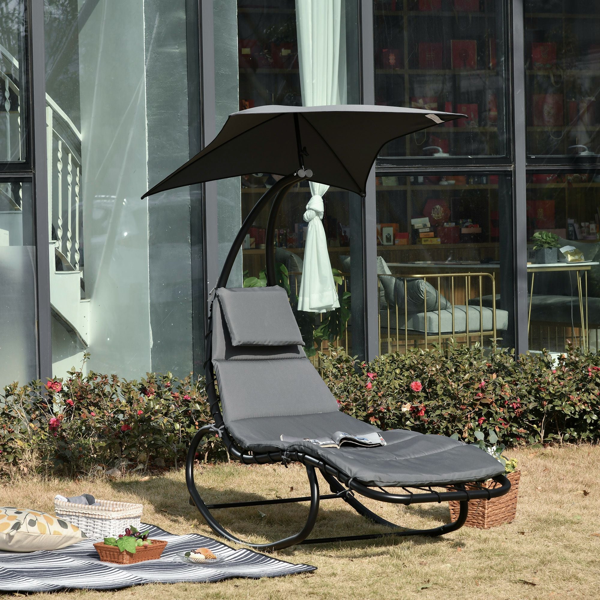 Outsunny Patio Rocking Chaise Lounge Rocking Bed with Canopy Cushion Headrest Pillow 