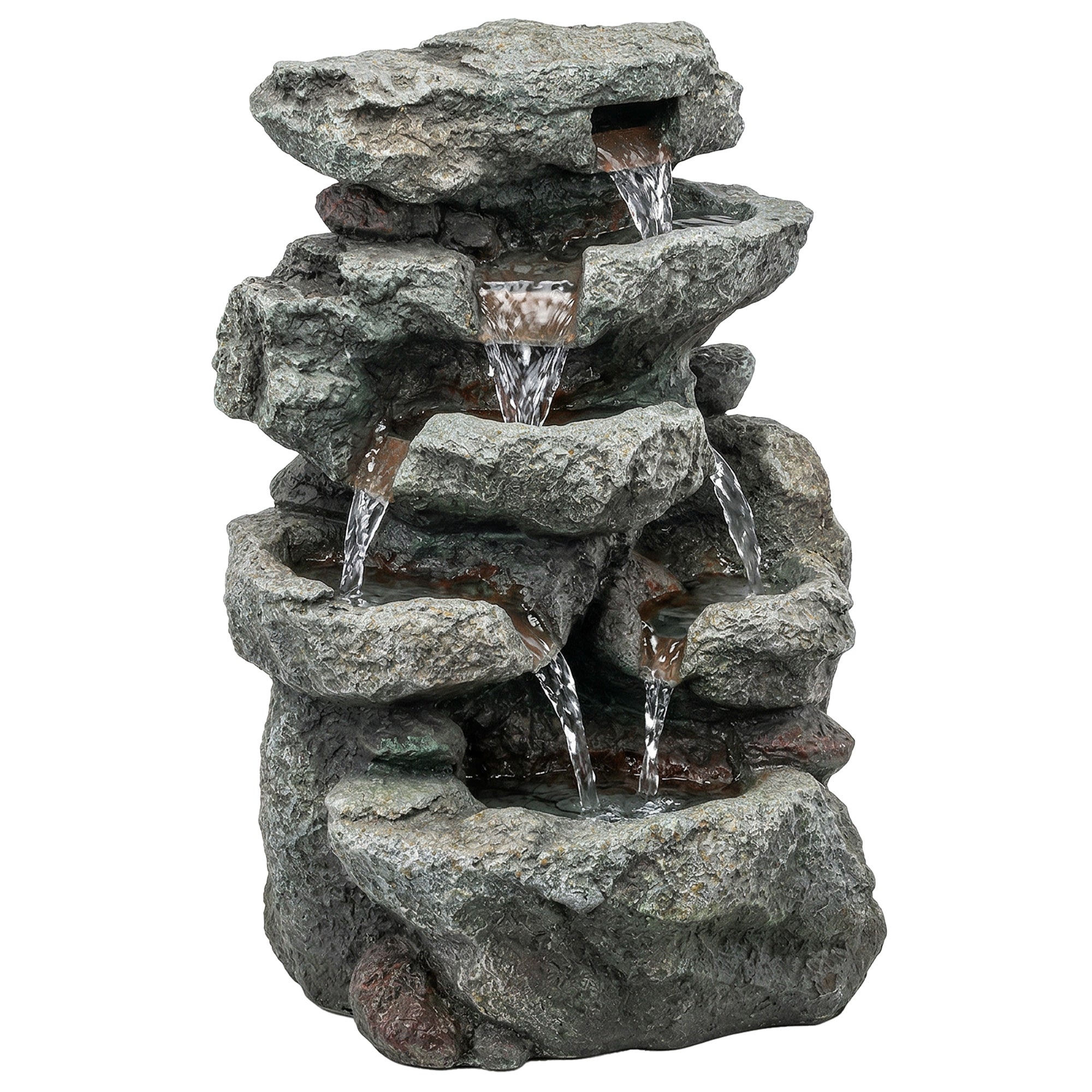 Outsunny Outdoor Fountain with 6-Tier Rock Design, Waterfall Feature with LED Lights, Resin Freestanding Garden Fountain, Grey 