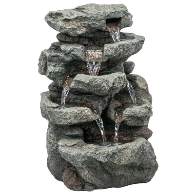Outsunny Outdoor Fountain with 6-Tier Rock Design, Waterfall Feature with LED Lights, Resin Freestanding Garden Fountain, Grey 
