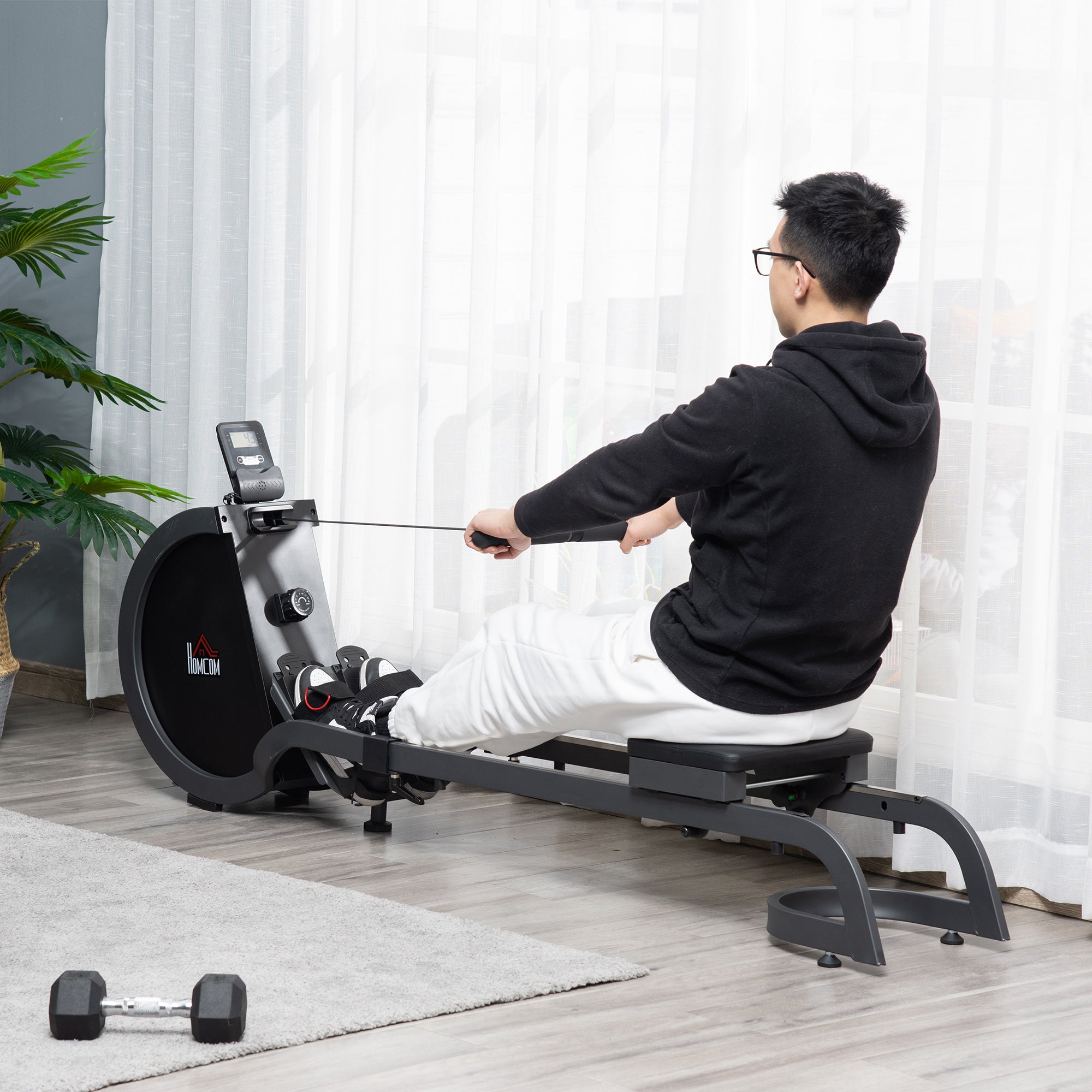 HOMCOM Folding Rowing Machine with 16-Level Adjustable Magnetic Resistance, Aluminium Side Rail, Digital Monitor, Cardio Workout Rower, for Home, Gym, Office 