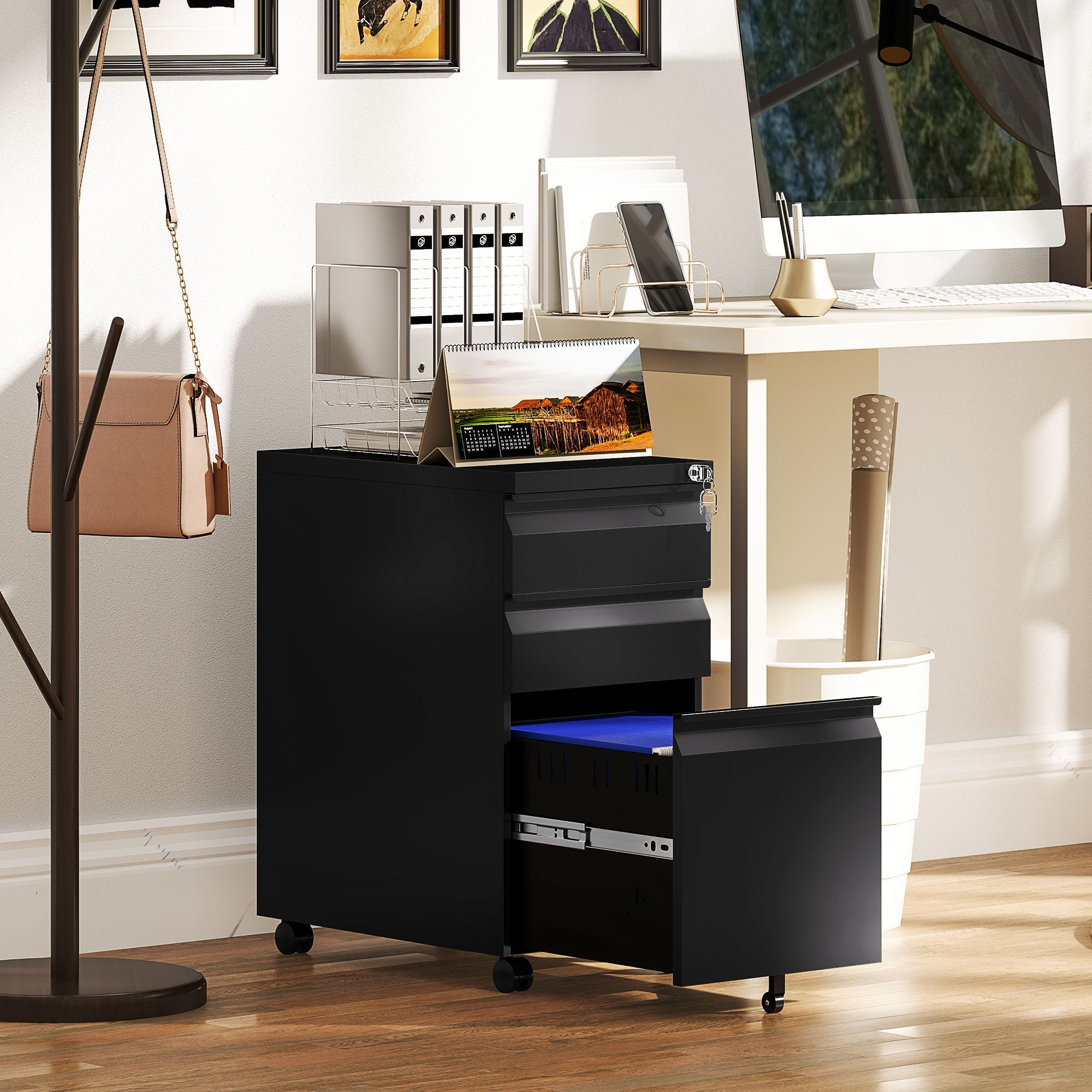 Vinsetto 3-Drawer Steel Filing Cabinet with Lock and Wheels - Black 