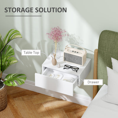 HOMCOM Floating Bedside Table, Wall-Mounted Nightstand with Storage Drawer, Small Side End Table for Bedroom, White 