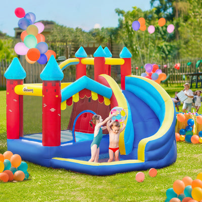 Outsunny Kids Bouncy Castle, with Slide, Pool, Trampoline, Climbing Wall, Blower 