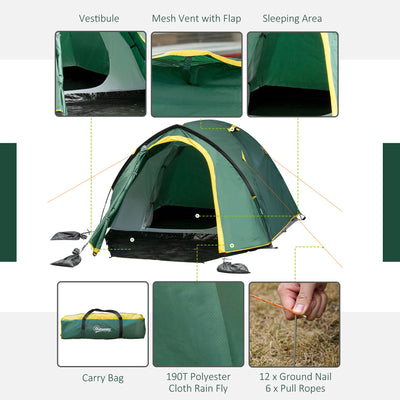 Outsunny Dome Tent for 2 Person Camping Tent with Large Windows, Waterproof Green and Yellow 