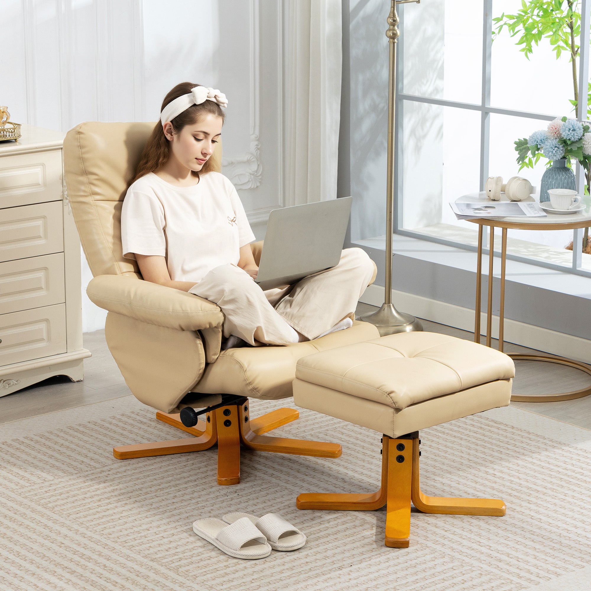 HOMCOM PU Leather Swivel Recliner Chair with Footstool, Wooden Base and Storage for Living Room, Beige 