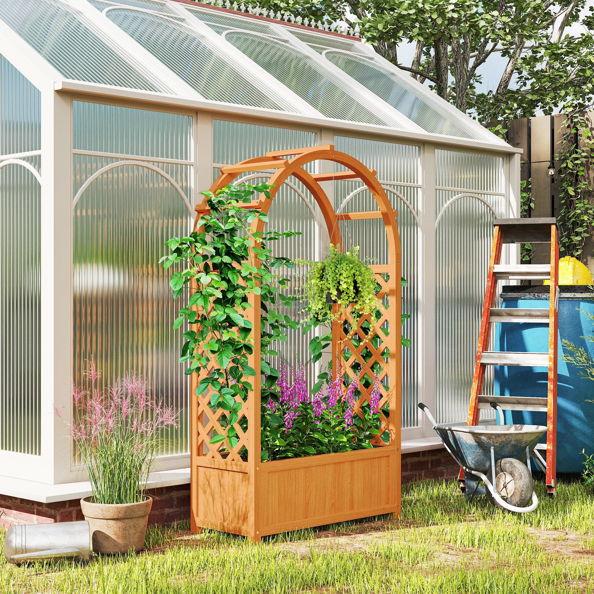 Outsunny Wooden Raised Garden Bed with Trellis, Liner, Drainage Holes, for Vine Climbing Plants, Flowers, 83 x 36 x 145 cm 