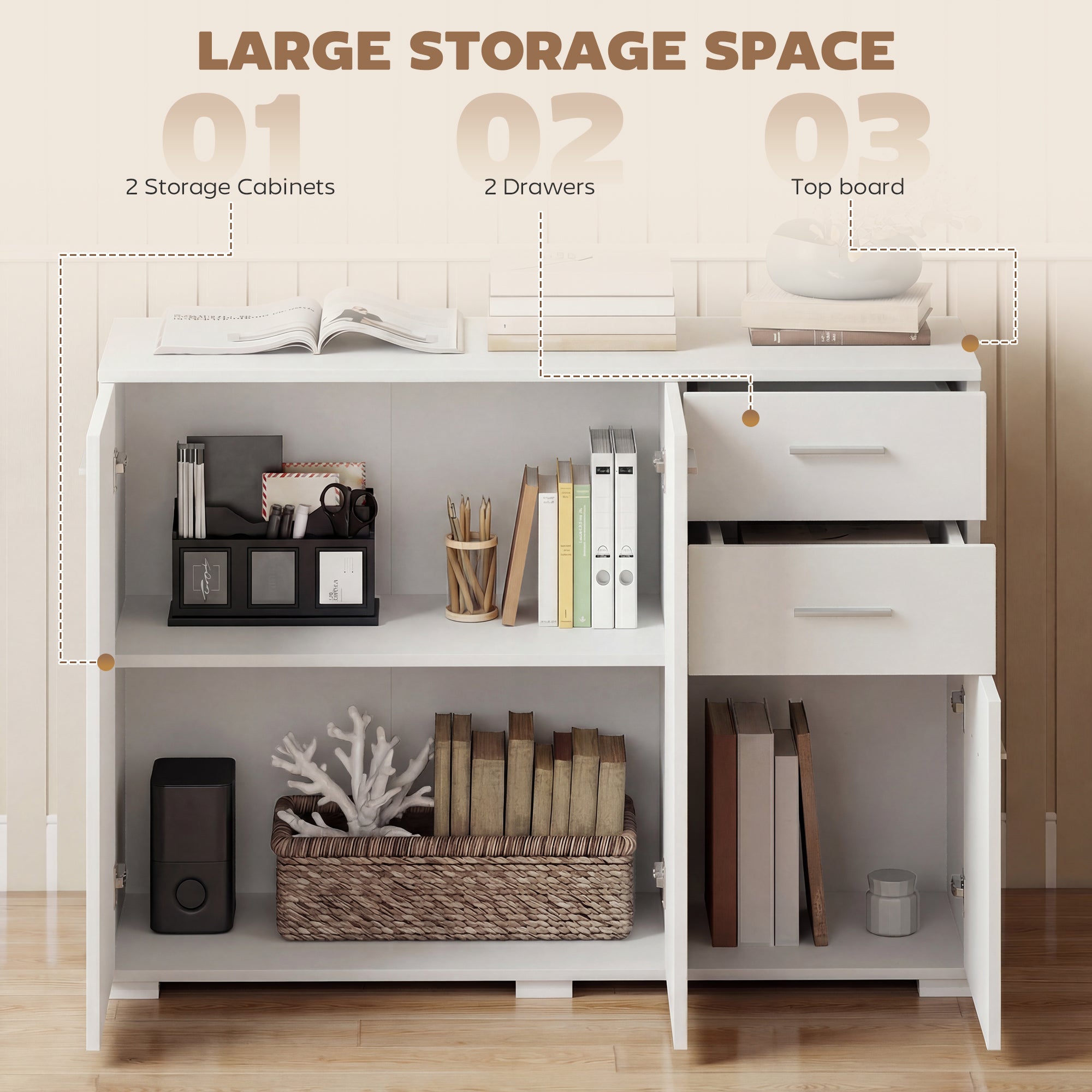 HOMCOM Sideboard, Modern Storage Cabinet with 2 Drawers, 3 Doors and Adjustable Shelves, White 