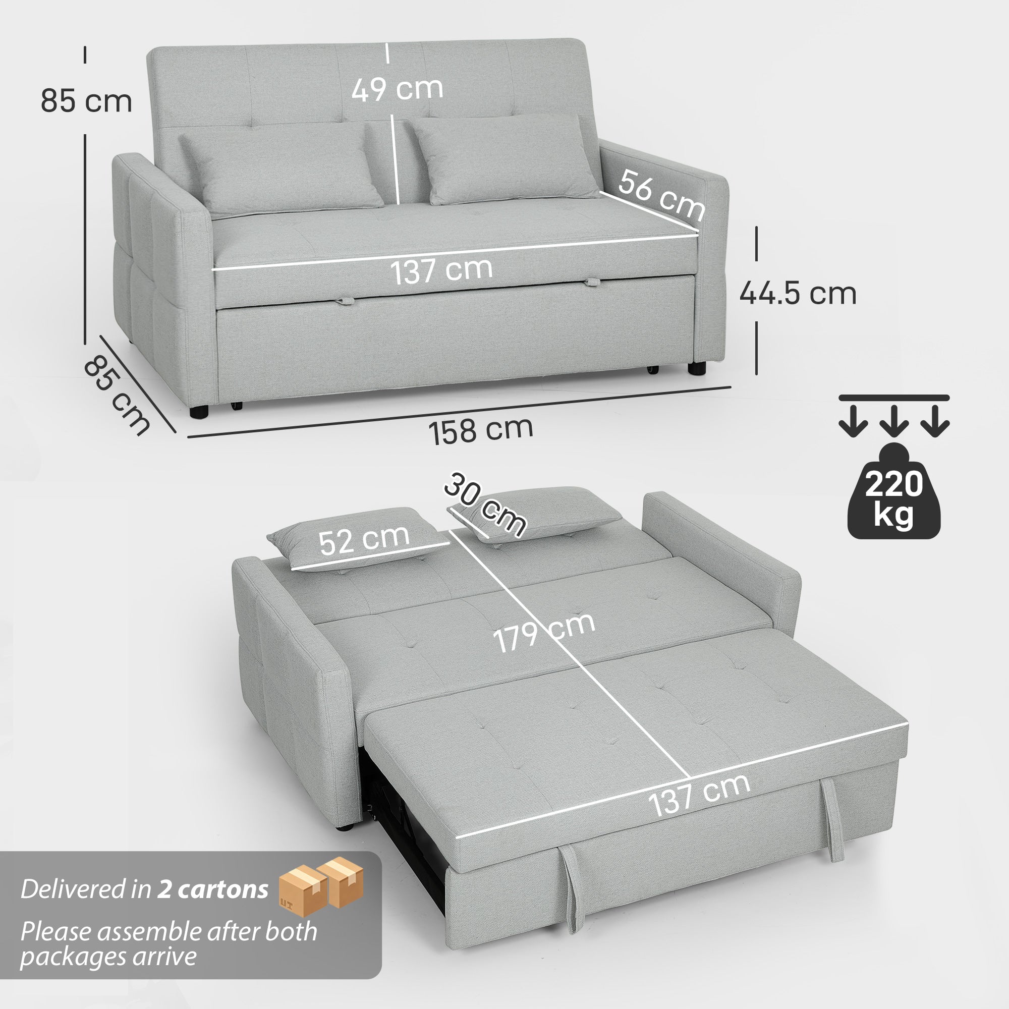 HOMCOM Three-Way Two-Seater Sofa Bed - Light Grey 