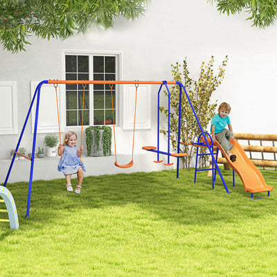 Outsunny Four-In-One Metal Garden Swing Set, with Double Swings, Glider, Slider, Ladder - Orange and Blue 