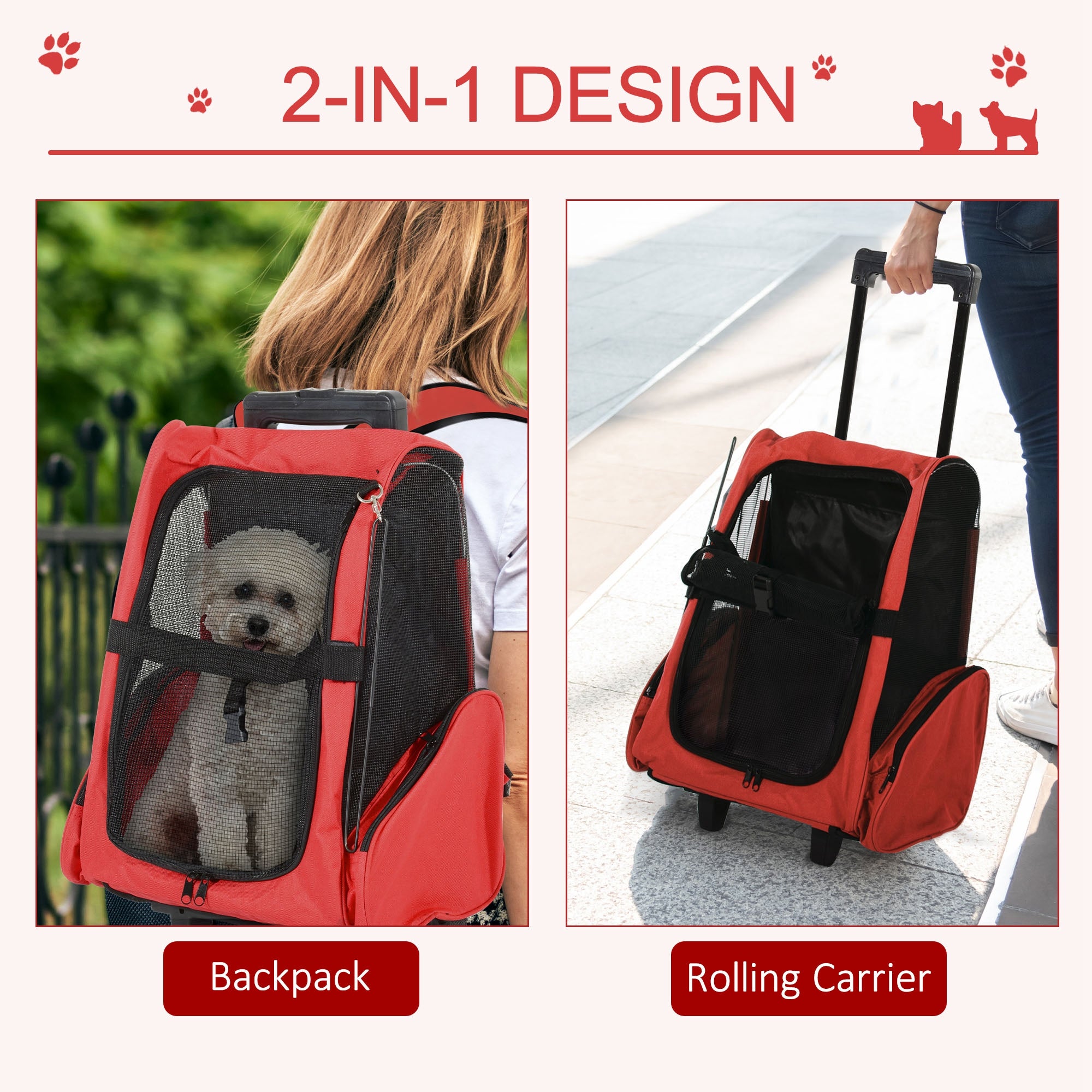 PawHut Pet Travel Backpack Bag Cat Puppy Dog Carrier w/ Trolley and Telescopic Handle Portable Stroller Wheel Luggage Bag (Red) 