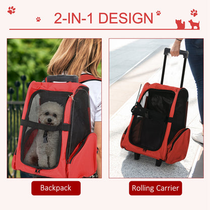 PawHut Pet Travel Backpack Bag Cat Puppy Dog Carrier w/ Trolley and Telescopic Handle Portable Stroller Wheel Luggage Bag (Red) 