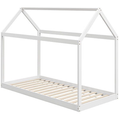 HOMCOM Single Bed Frame, House Scandinavian Style Wooden Bed Frame for 90W x 190Dcm Mattress, Pine Wood Bed Base, White 