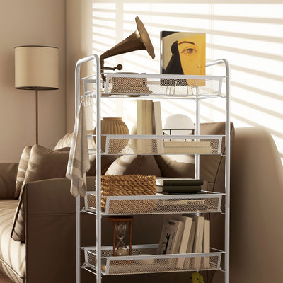 HOMCOM Five-Steel Mesh Basket Storage Trolley, with Wheels - White 