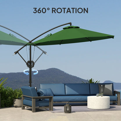 Outsunny 3(m) Garden Cantilever Parasol with Cover and Wind Protection Strap, Round Overhanging Umbrella with Crank Handle and Tilt, Banana Patio Umbrella for Outdoor Sun Shade, UPF50+, Green 
