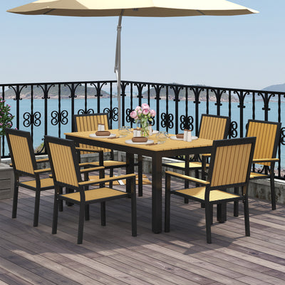 Outsunny 6 Seater Garden Dining Set with Stackable Chairs, Aluminium Frame, Rectangular Plastic Top, Garden Furniture Set, Outdoor Dining Table and Chairs for Patio, Balcony, Poolside, Nature Wood 