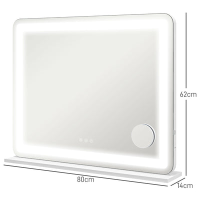 HOMCOM Vanity Mirror with Lights, Large Lighted Makeup Mirror with 3 Colour Lighting Modes, 10X Magnifying, USB Charging Port, Touch Screen, Tabletop or Wall Mounted Design for Bedroom, White 