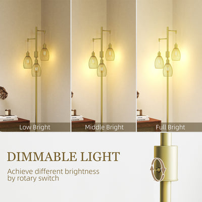 HOMCOM 3-Light Floor Lamp, 170cm Industrial Dimmable Standing Lamp with Steel Wire Cage Lampshades for Living Room, Bedroom, Dining Room, Study, Gold Tone 