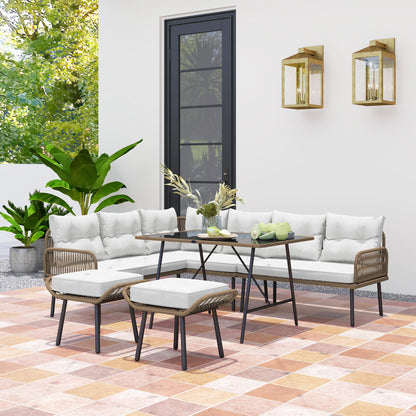 Outsunny 6 Piece Rattan Garden Furniture Set, 8 Seater Garden Corner Sofa with Cushions and Glass Top Table, Sectional Outdoor Furniture Conservatory Set for Patio, Cream White 