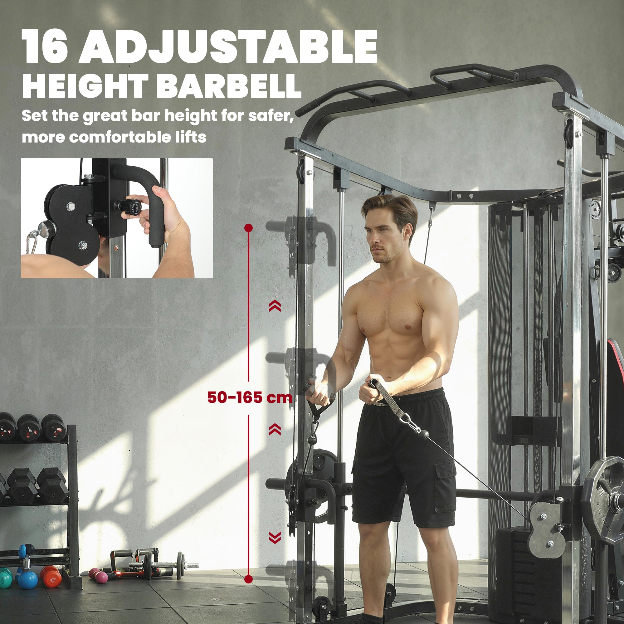 SPORTNOW Home Multi Gym Smith Machine with 65kg Weight Stack, Cable Pulley System, Chest Station, Preacher Pad & Leg Developer 