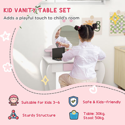 ZONEKIZ Bunny-Design Kids Dressing Table, with Mirror and Stool - White and Pink 