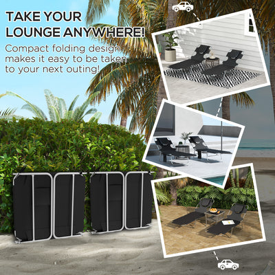 Outsunny Foldable Sun Lounger Set of 2, Beach Chaise Lounges with Reading Hole, Arm Slots, 5-Position Adjustable Backrest, Side Pocket, Pillow for Patio, Garden, Beach, Pool, Black 