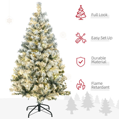 HOMCOM 4.5' Artificial Snow Christmas Trees with Frosted Branches, Warm White or Colourful LED Lights, Steel Base 