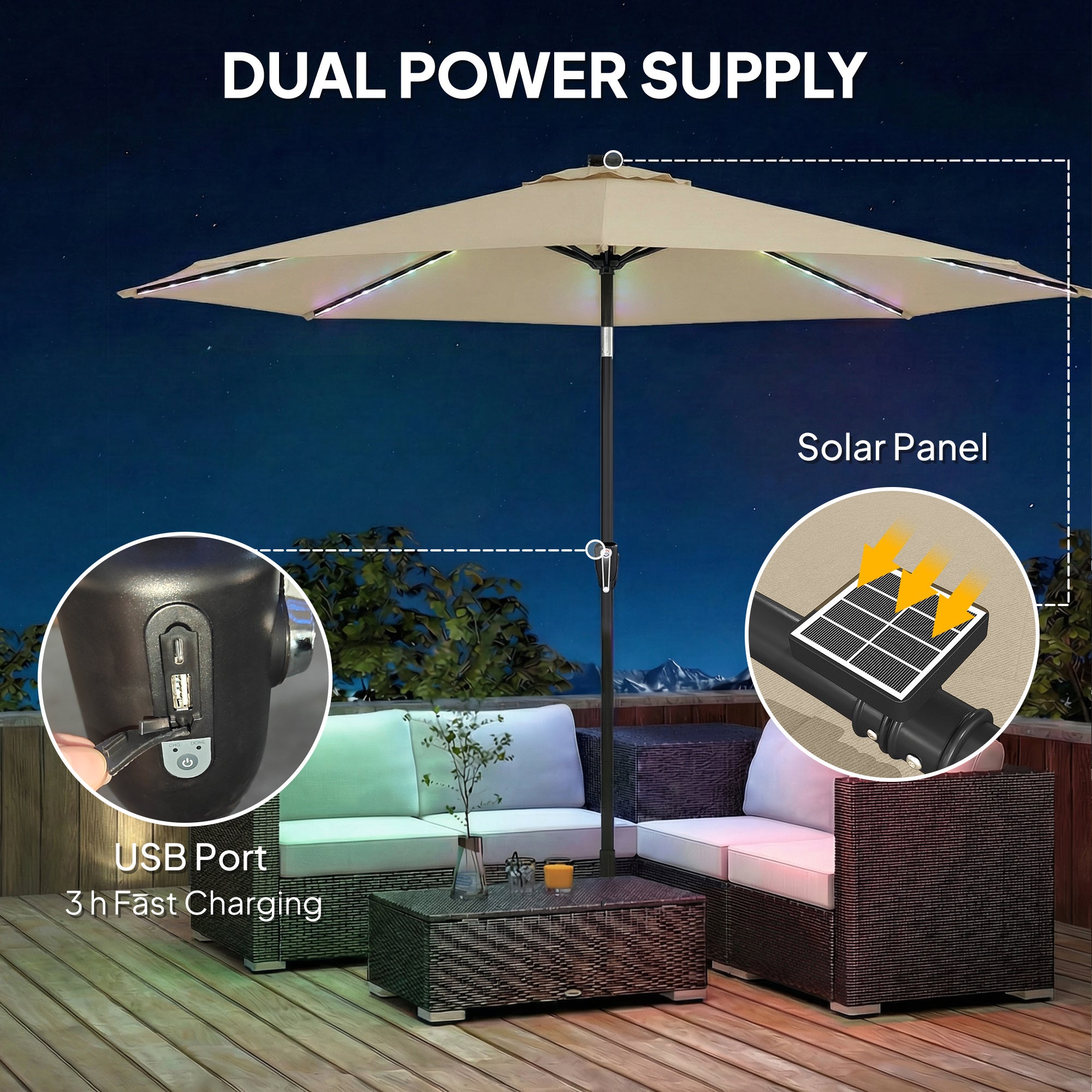 Outsunny 3 m Garden Parasol Umbrella with 112 Solar Powered LED Lights, Patio Umbrella with Crank Handle, Beige 