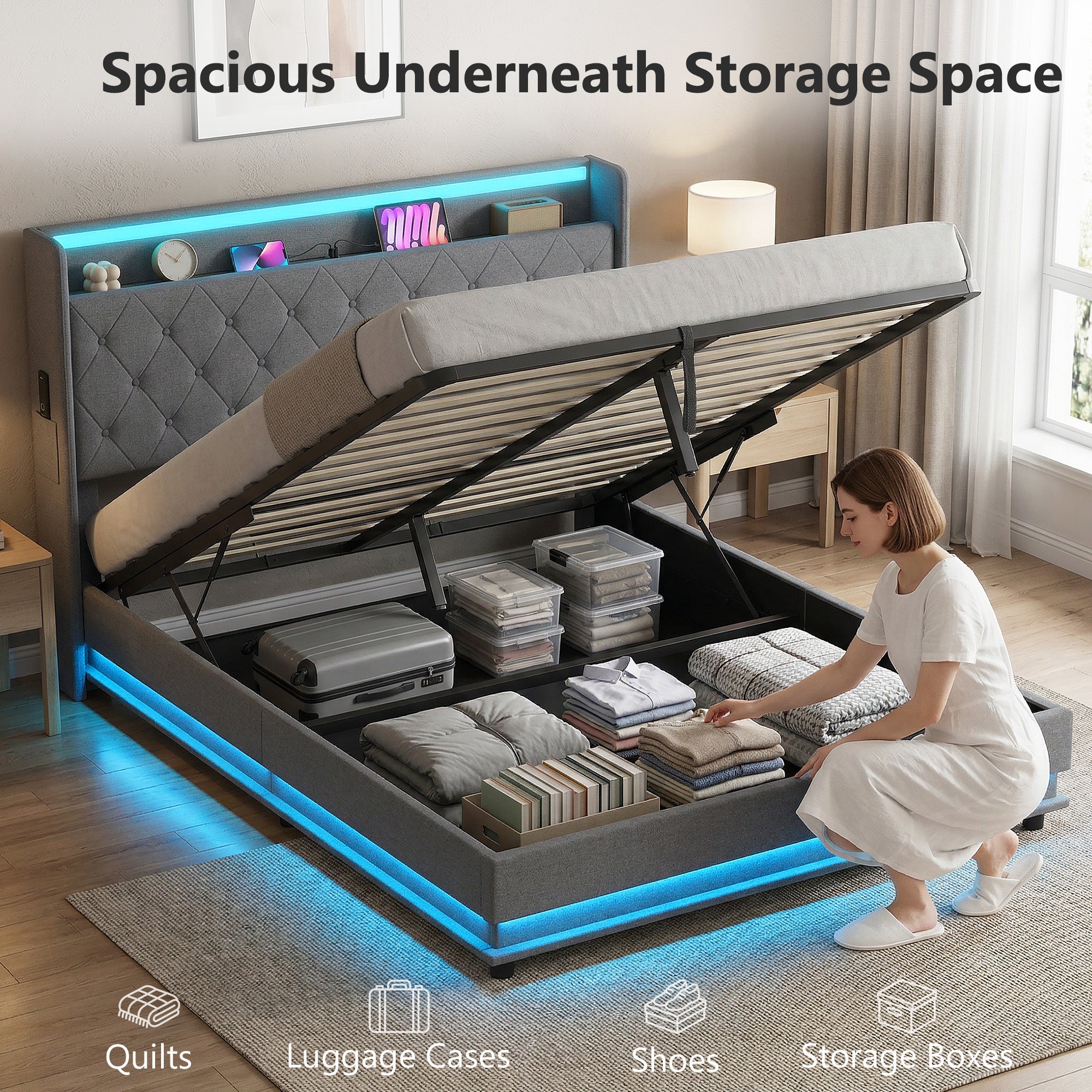 HOMCOM 5ft King Bed Frame with Headboard, Platform Bed Frame with Hydraulic Storage, LED Lights and Charging Station, Grey 