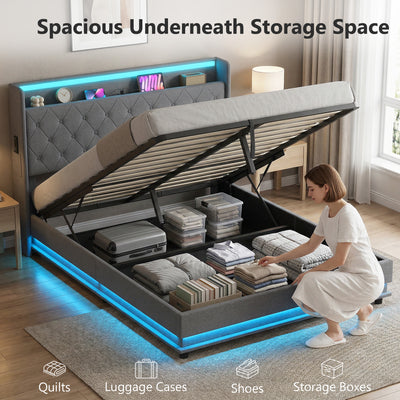 HOMCOM 5ft King Bed Frame with Headboard, Platform Bed Frame with Hydraulic Storage, LED Lights and Charging Station, Grey 