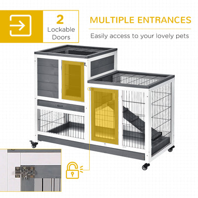 PawHut Wooden Indoor Rabbit Hutch Guinea Pig House Bunny Small Animal Cage W/ Wheels Enclosed Run 110 x 50 x 88 cm, Grey 