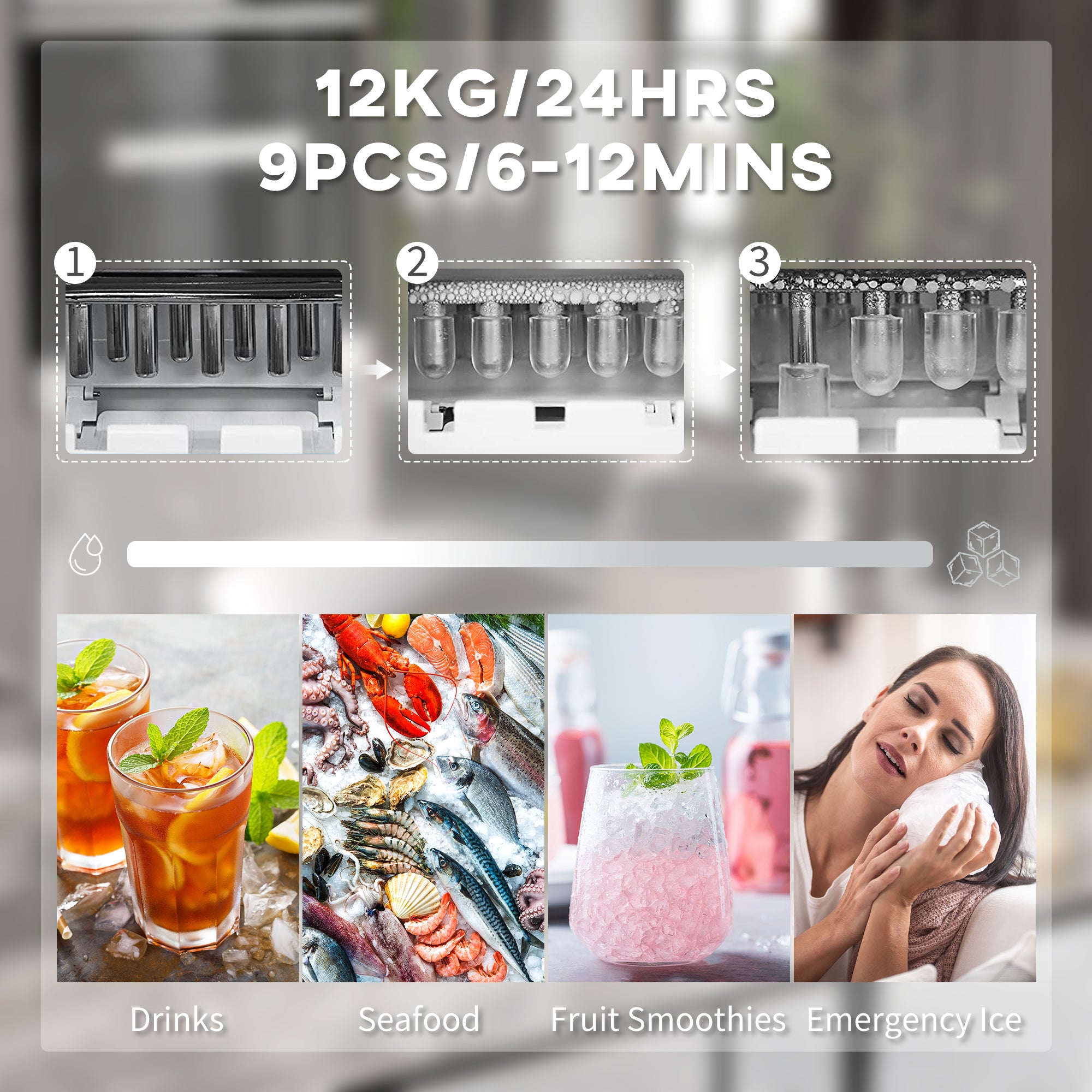 HOMCOM Ice Maker Machine Counter Top, 12Kg in 24 Hrs, 9 Cubes Ready in 6-12Mins, Portable Ice Cube Maker with Ice Scoop and Basket, White 