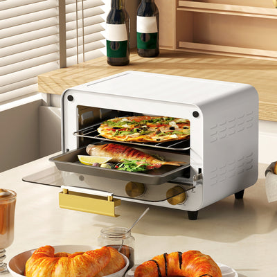 HOMCOM Small Toaster Oven, 12L Multifunction Mini Countertop Oven with Glass Door, Adjustable Temperature and Timer, Accessory Included, 750W, White 