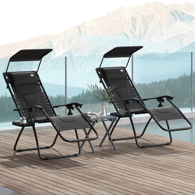 Outsunny Zero Gravity Lounger Chair Set of 2, Folding Reclining Patio Chair with Shade Cover, Padded Seat, Cup Holder, Soft Cushion and Headrest for Poolside, Camping, Black 