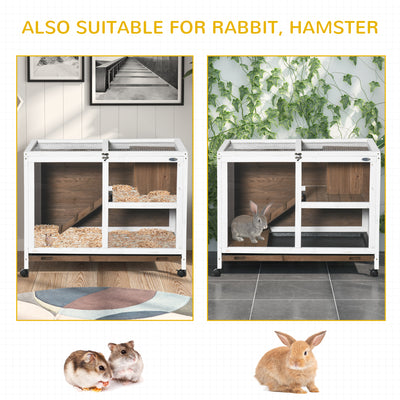 PawHut Wooden Rabbit Hutch, Bunny Cage w/ Tray, Ramp, Openable Roof, Wheels, 91.5 x 53.3 x 73cm - Brown 